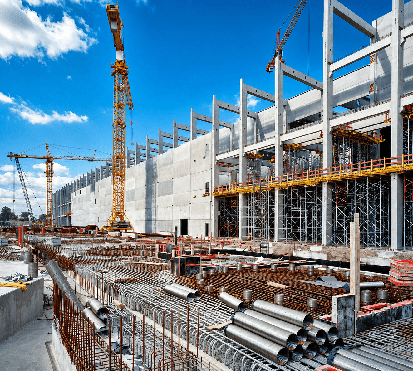 Construction site with structural steel beams and cranes
